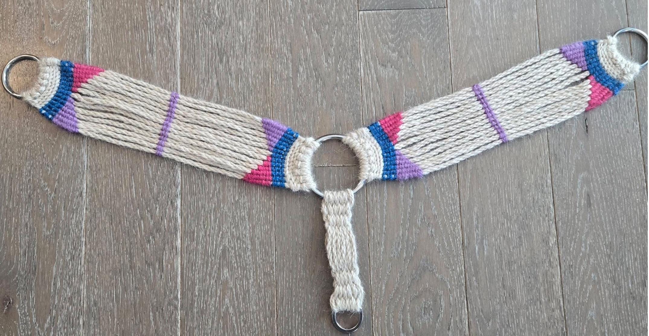 Handmade Mohair Breast Collar, Tan with Pink, Blue, and Purple Accents