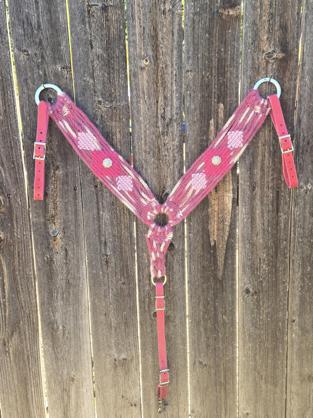 Pink Mohair Breast Collar with Pink Leather Tugs and Bling Conchos