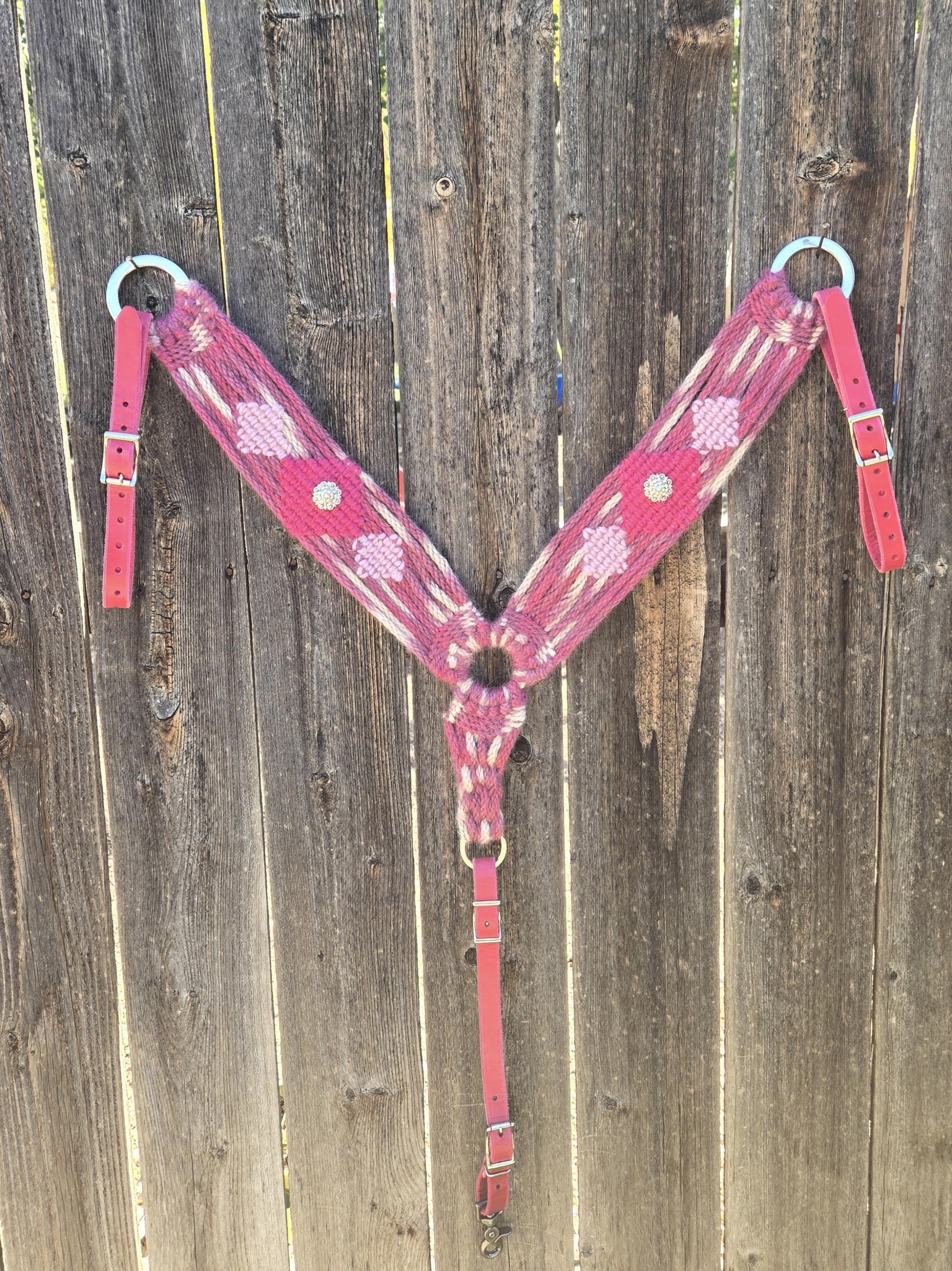 Pink Mohair Breast Collar with Pink Leather Tugs and Bling Conchos