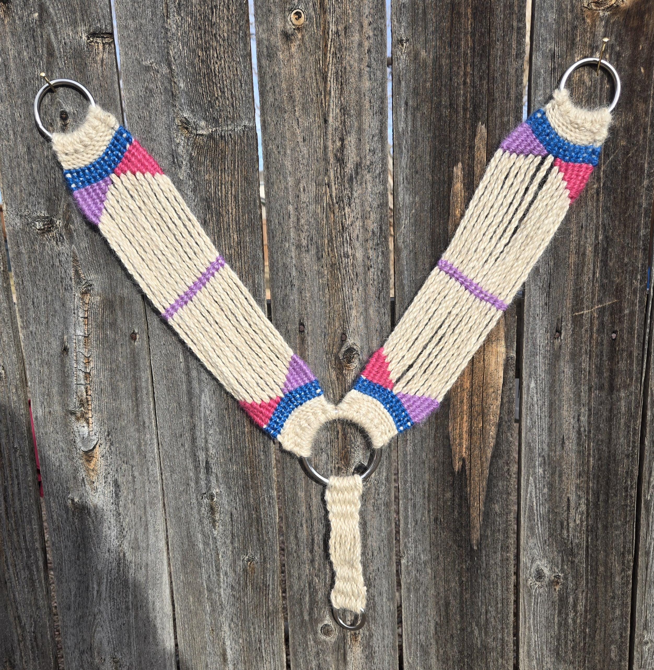 Handmade Mohair Breast Collar, Tan with Pink, Blue, and Purple Accents