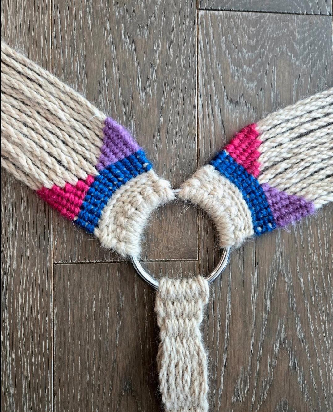 Handmade Mohair Breast Collar, Tan with Pink, Blue, and Purple Accents