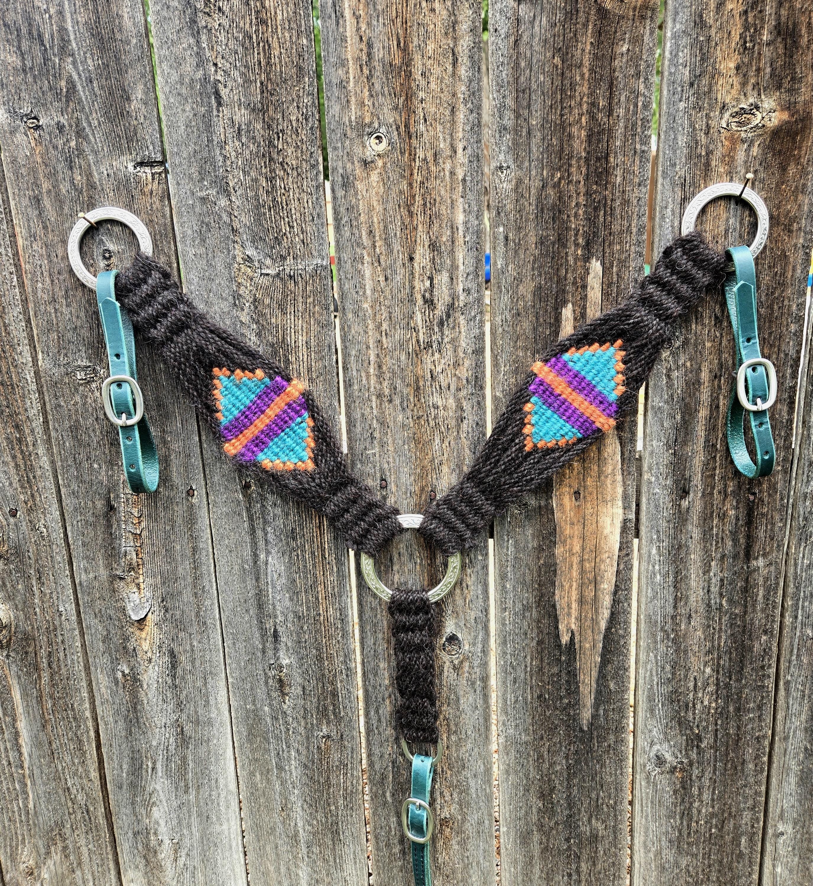 Handmade Mohair Breast Collar with Teal Leather Tugs