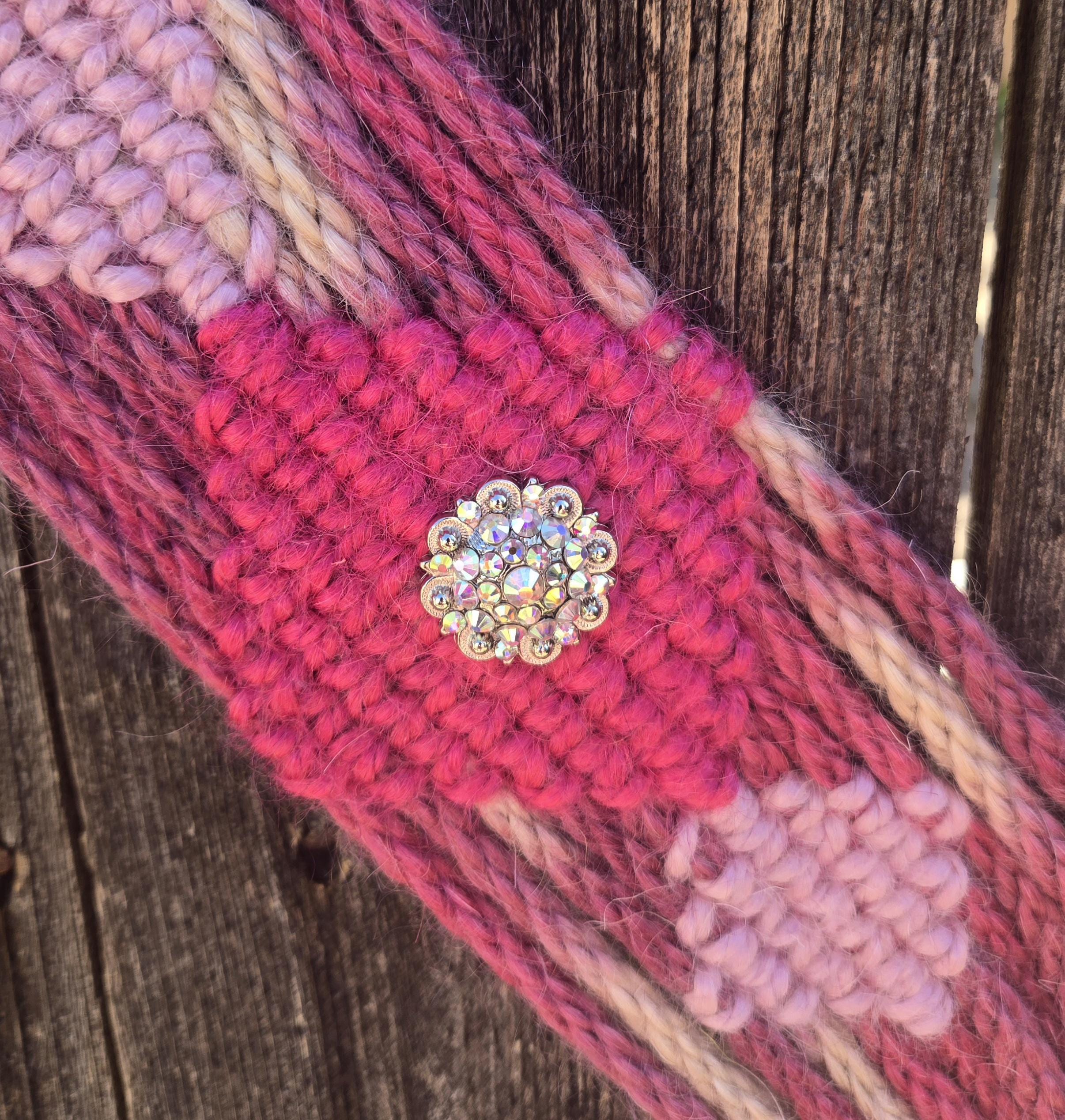 Pink Mohair Breast Collar with Pink Leather Tugs and Bling Conchos