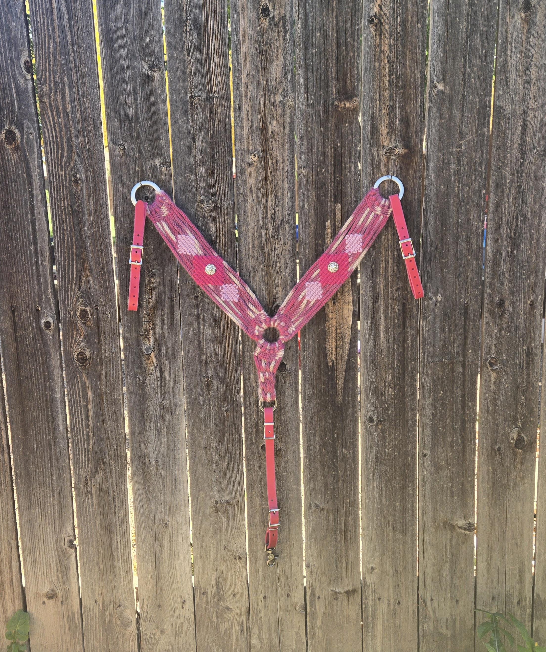 Pink Mohair Breast Collar with Pink Leather Tugs and Bling Conchos