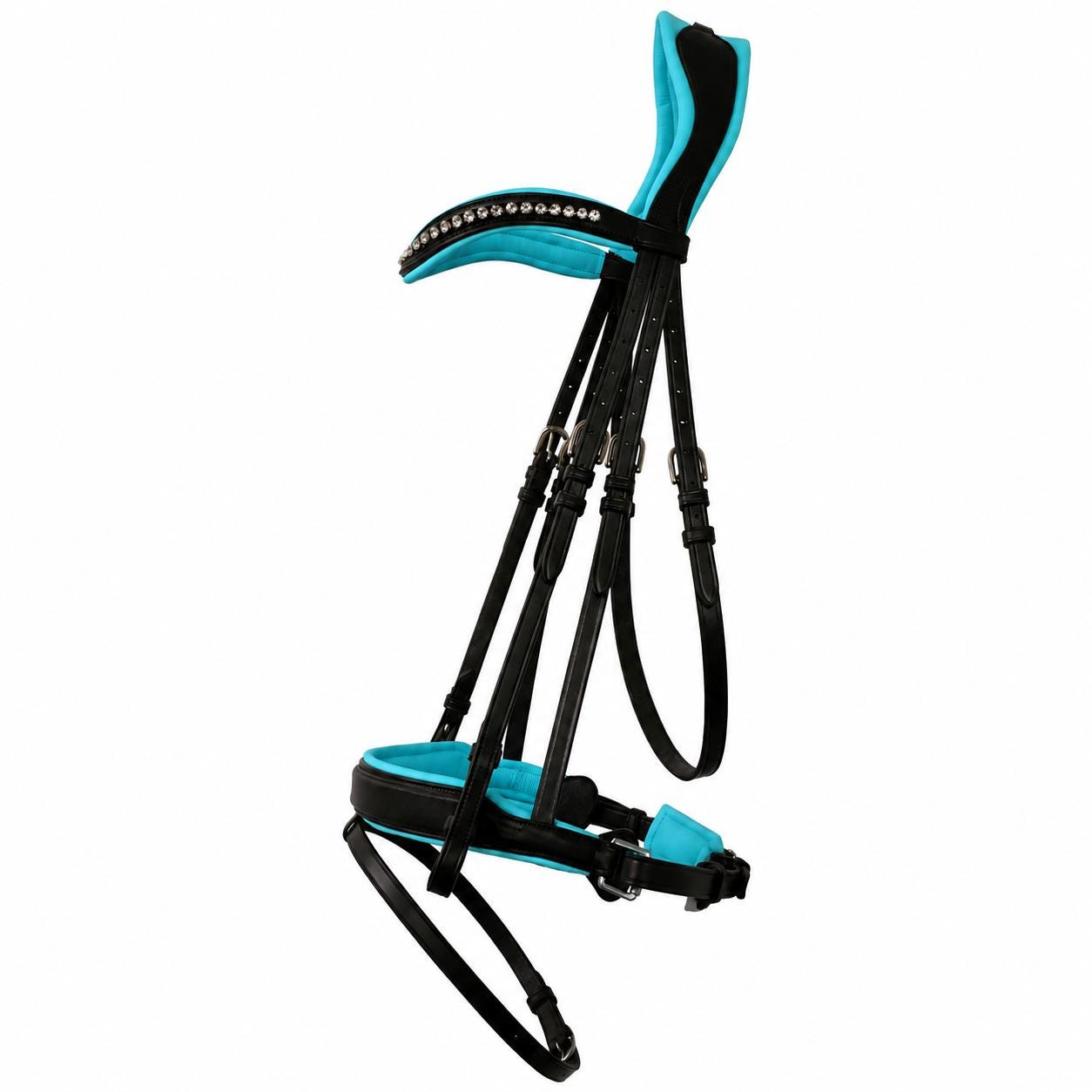 Bling Browband Dressage Bridle with Turquoise Leather Padding, Full Horse Size, with matching rubber reins