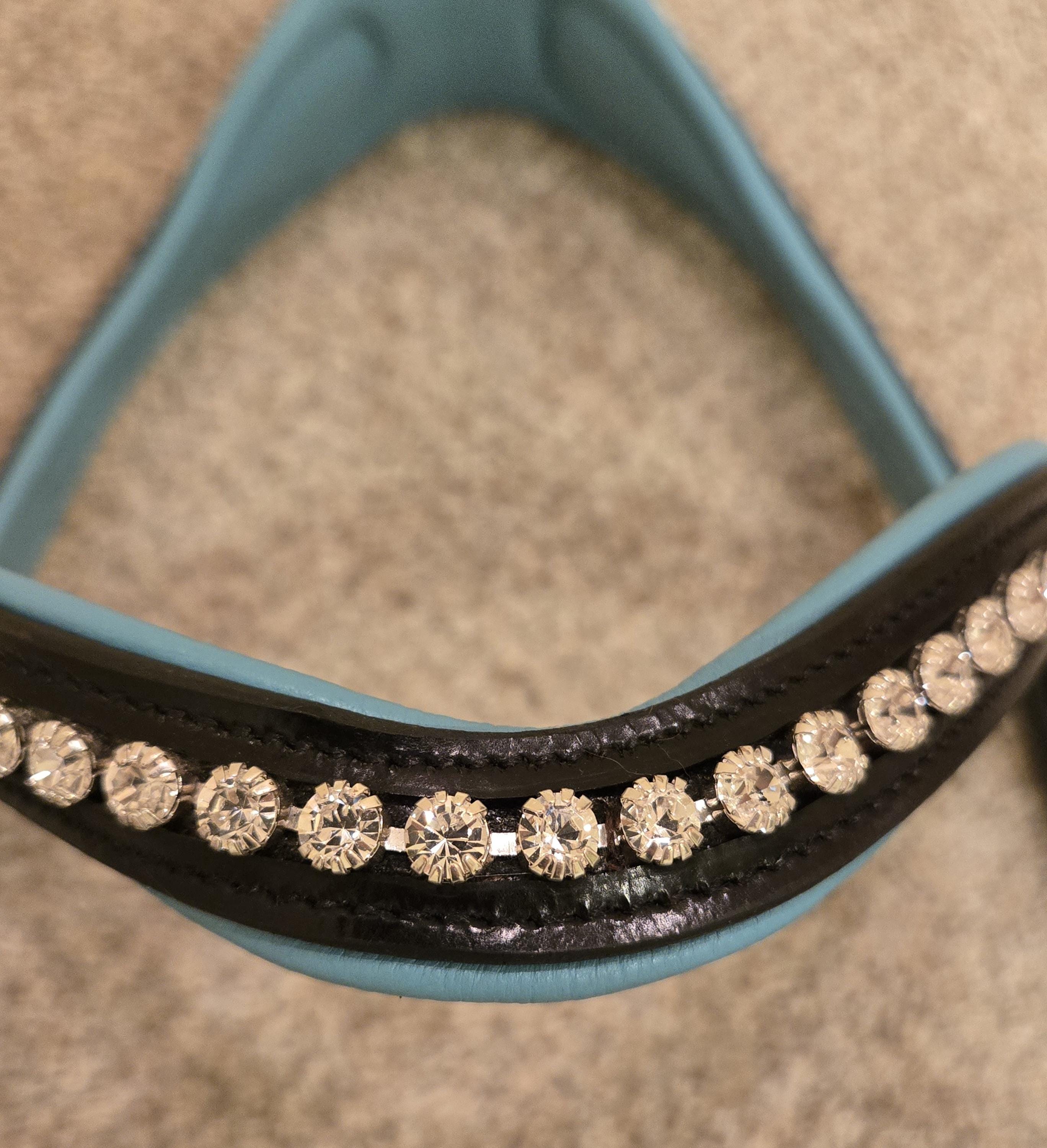 Bling Browband Dressage Bridle with Turquoise Leather Padding, Full Horse Size, with matching rubber reins
