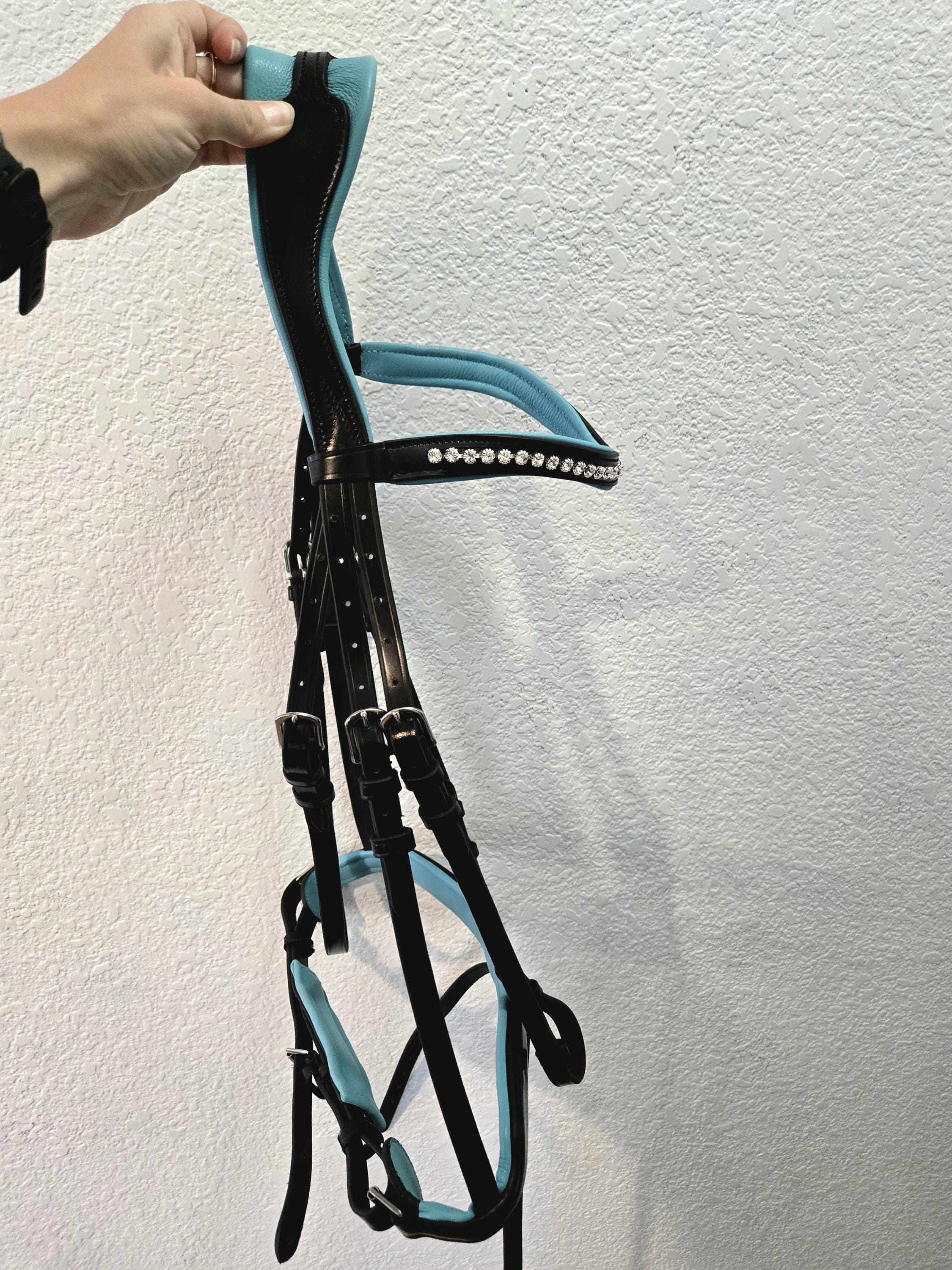 Bling Browband Dressage Bridle with Turquoise Leather Padding, Full Horse Size, with matching rubber reins