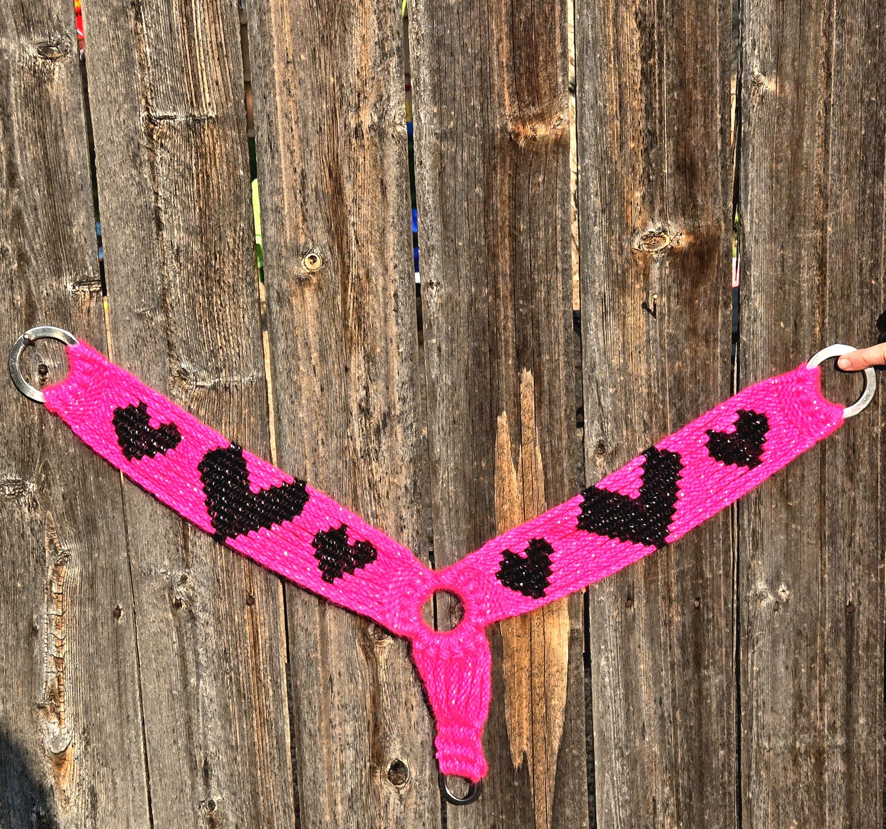 Handmade Mohair Breast Collar, Pink & Black Heart Design