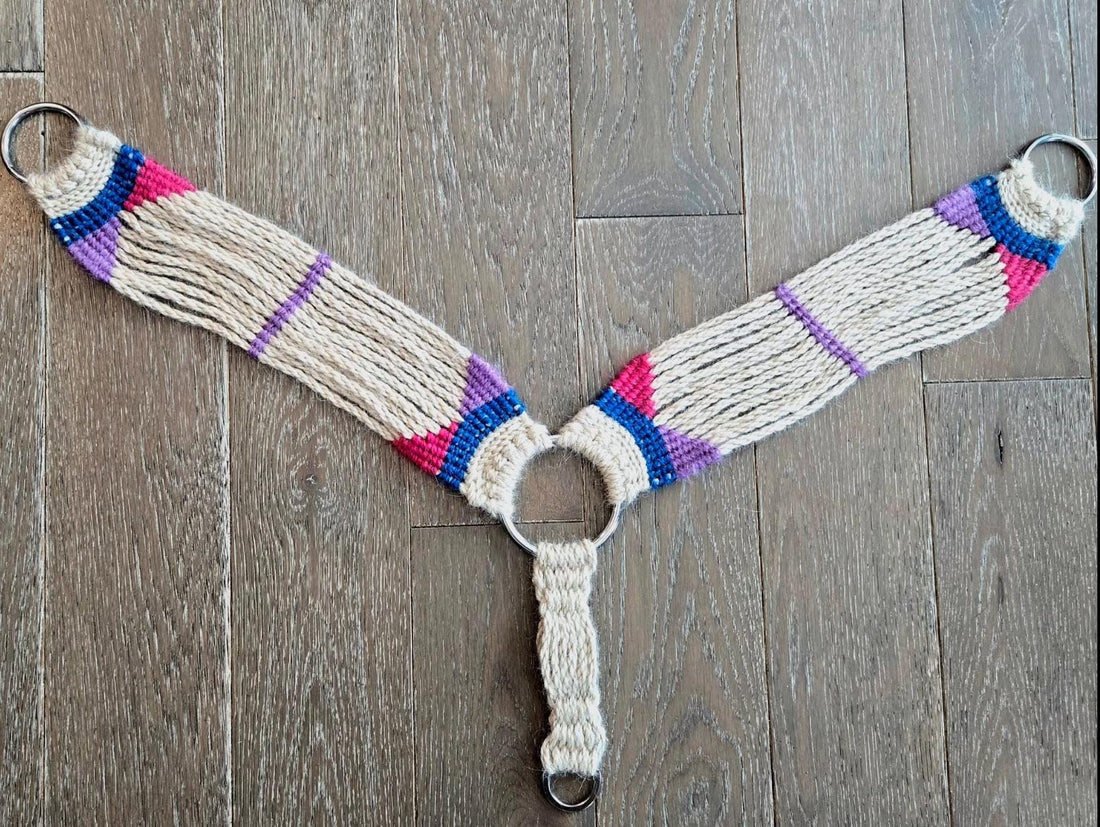 Handmade Mohair Breast Collar, Tan with Pink, Blue, and Purple Accents