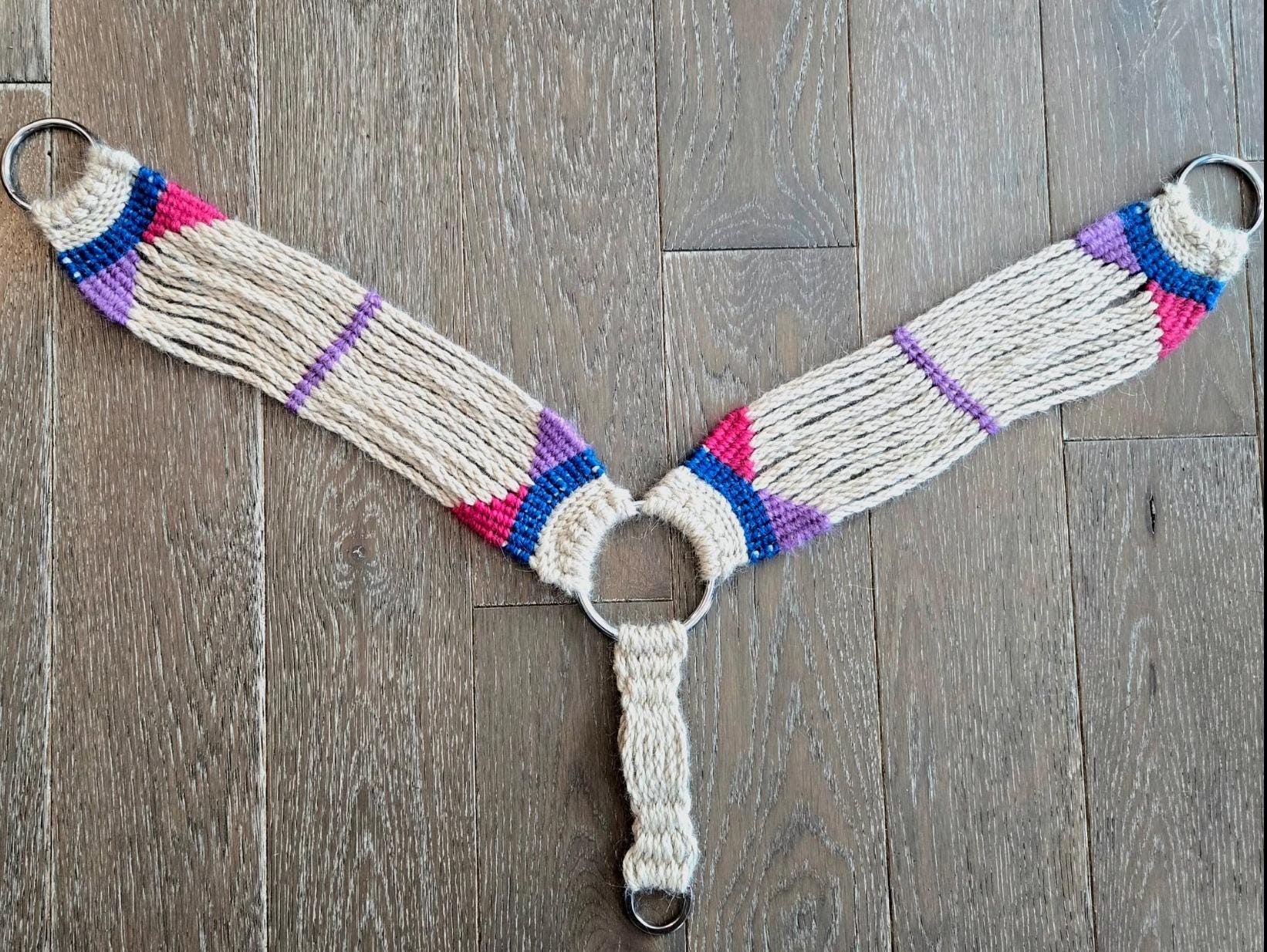 Handmade Mohair Breast Collar, Tan with Pink, Blue, and Purple Accents