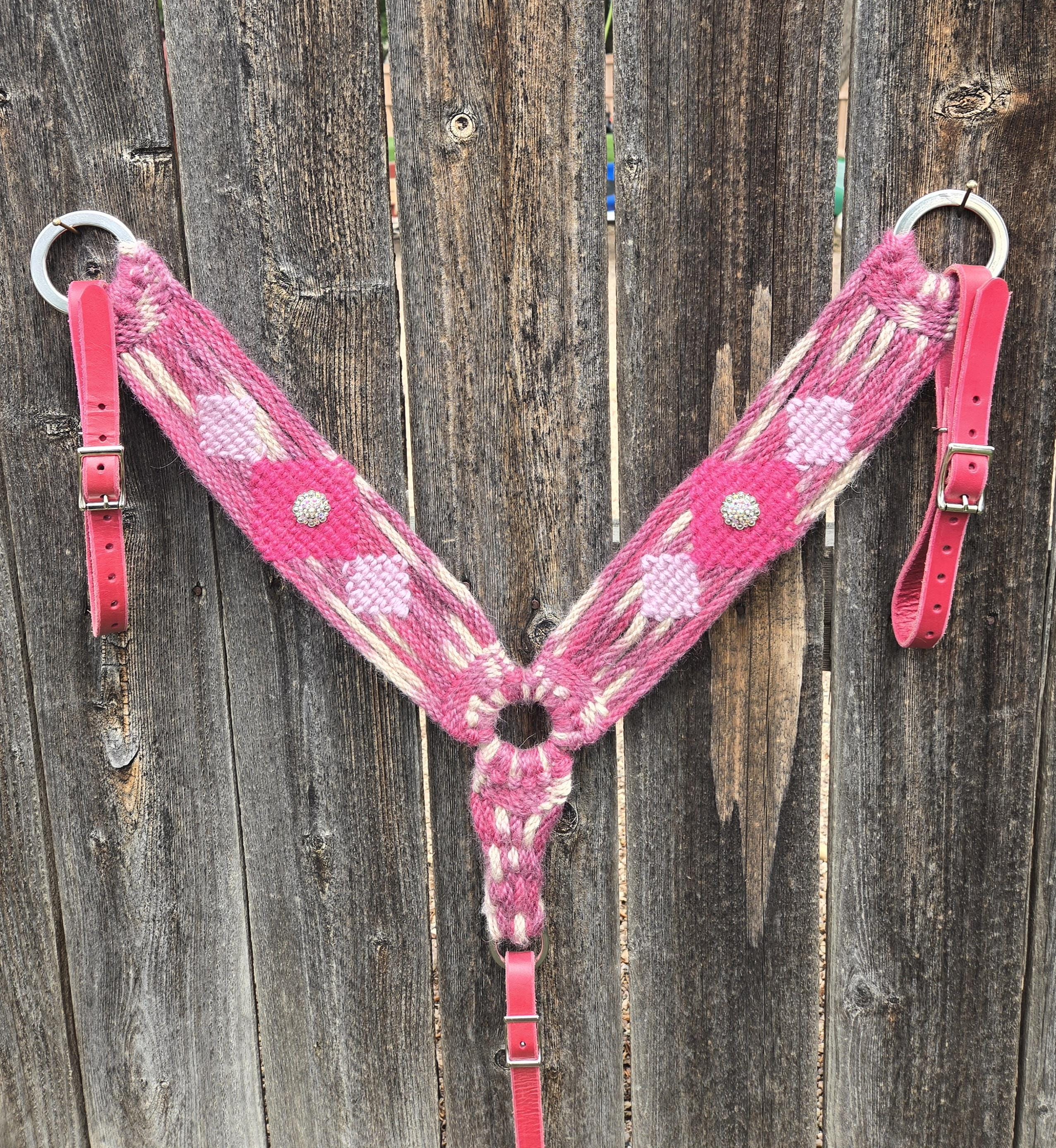 Pink Mohair Breast Collar with Pink Leather Tugs and Bling Conchos