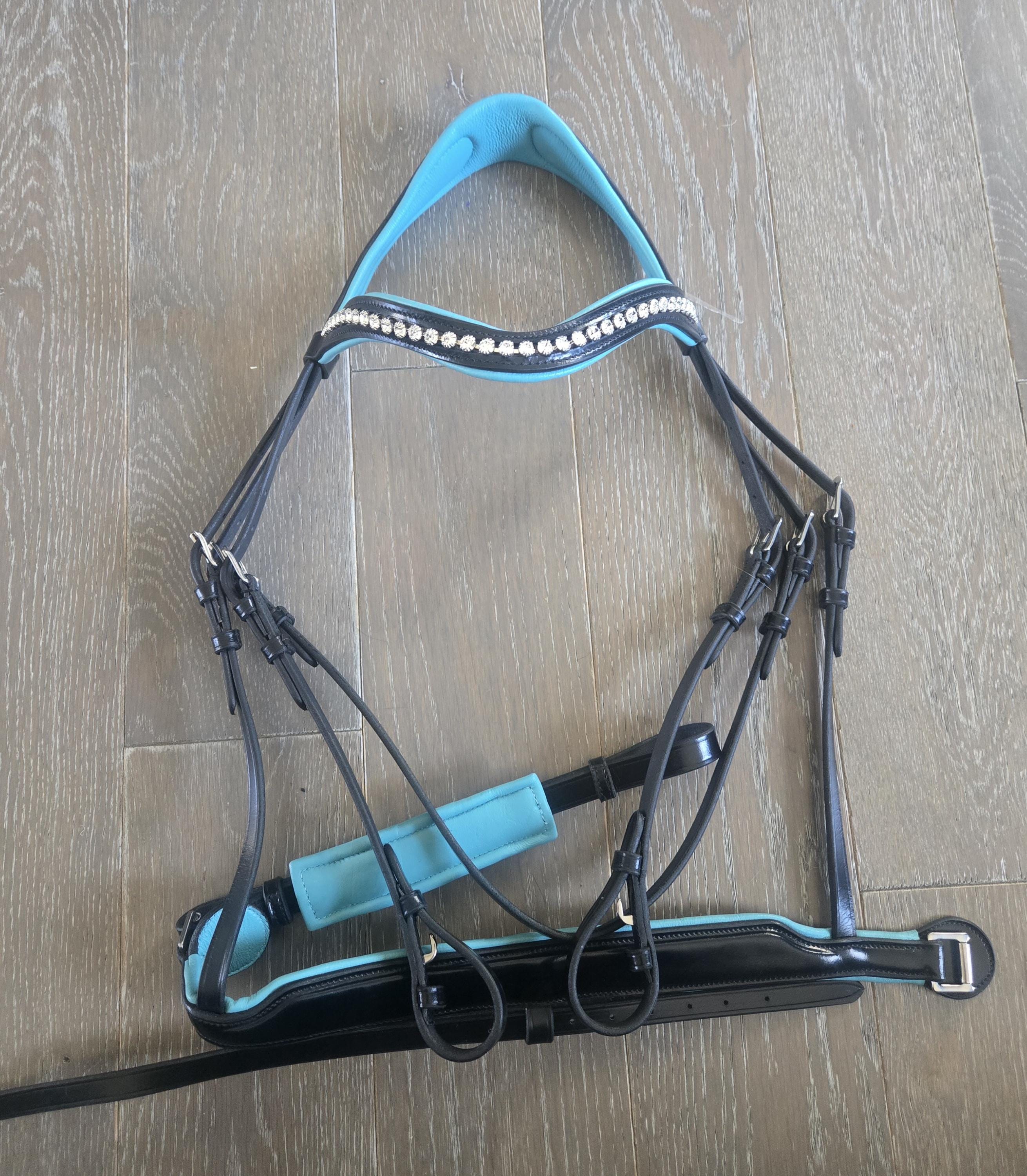Bling Browband Dressage Bridle with Turquoise Leather Padding, Full Horse Size, with matching rubber reins