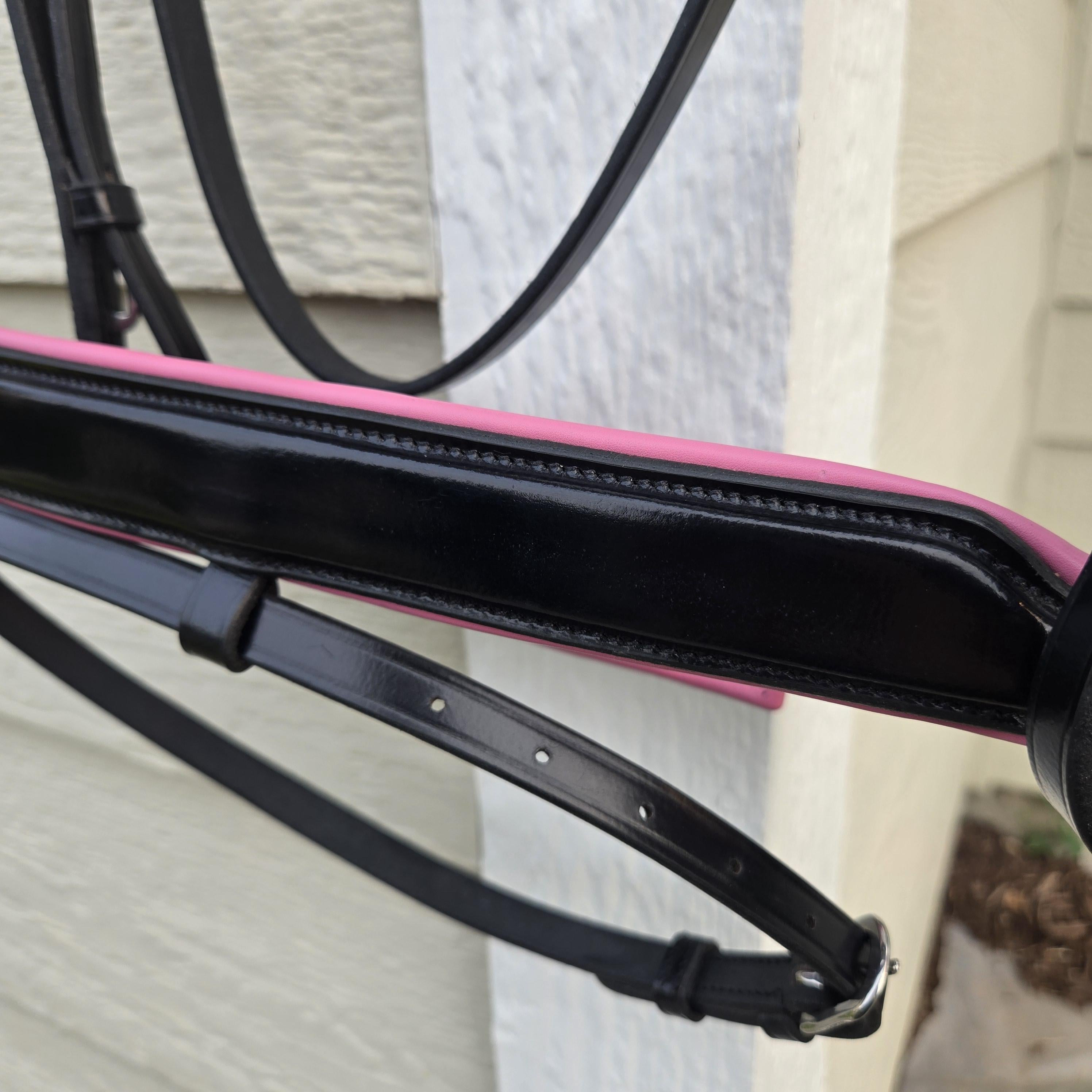 Bling Browband Dressage Bridle with Pink Leather Padding, Full Horse Size, with matching rubber reins