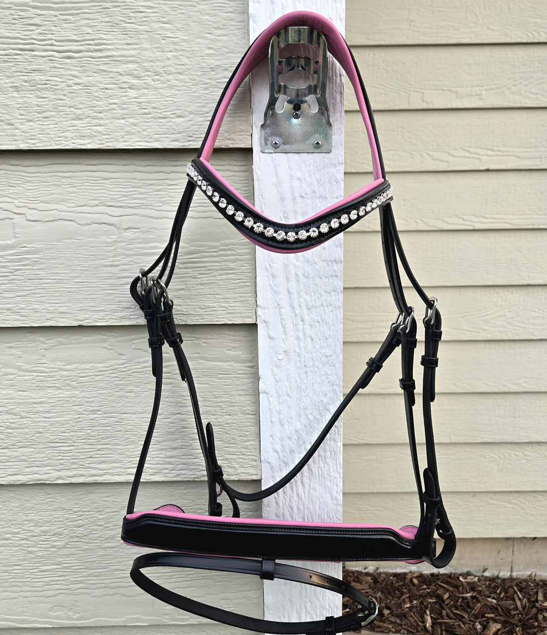 Bling Browband Dressage Bridle with Pink Leather Padding, Full Horse Size, with matching rubber reins