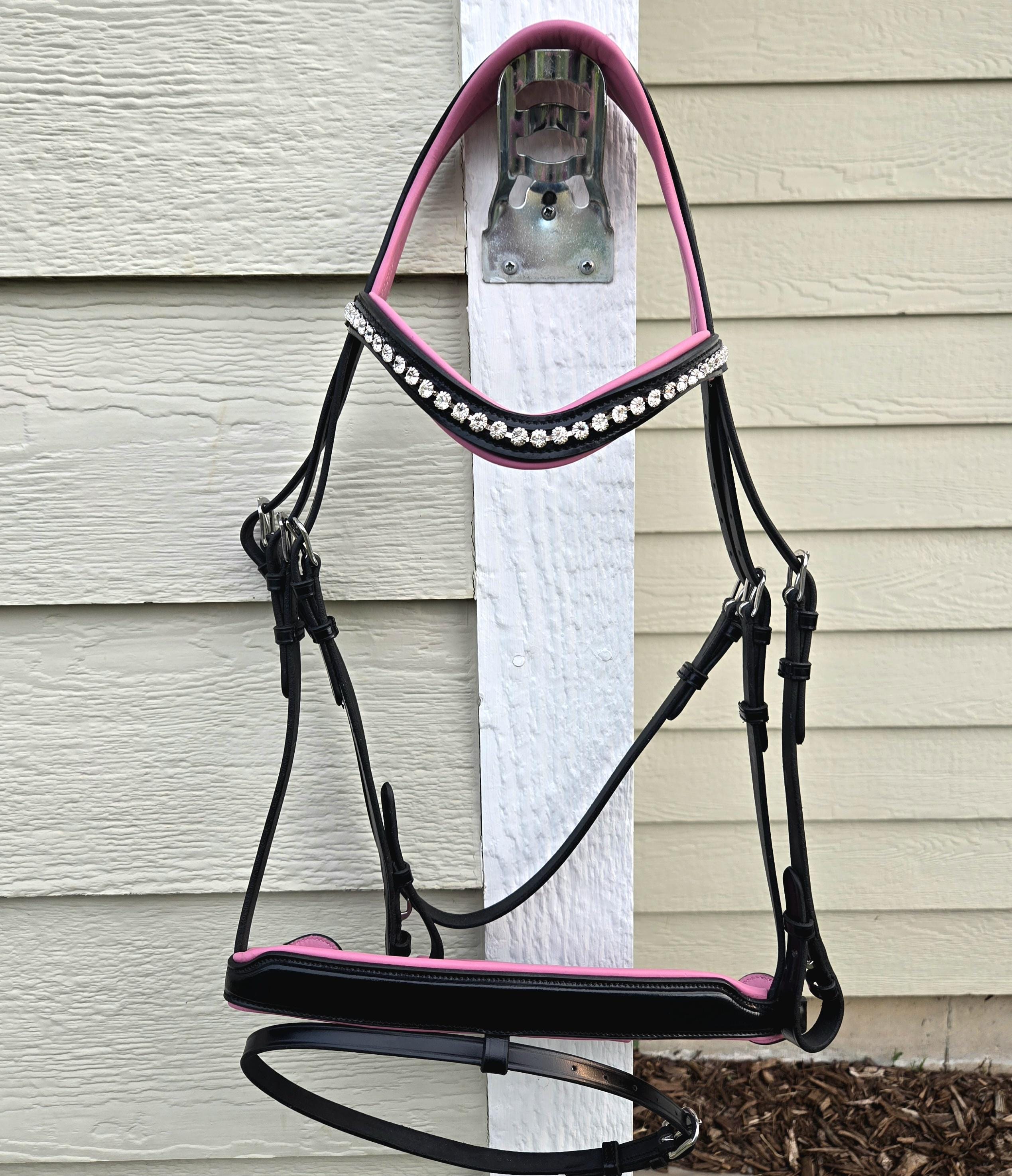 Bling Browband Dressage Bridle with Pink Leather Padding, Full Horse Size, with matching rubber reins