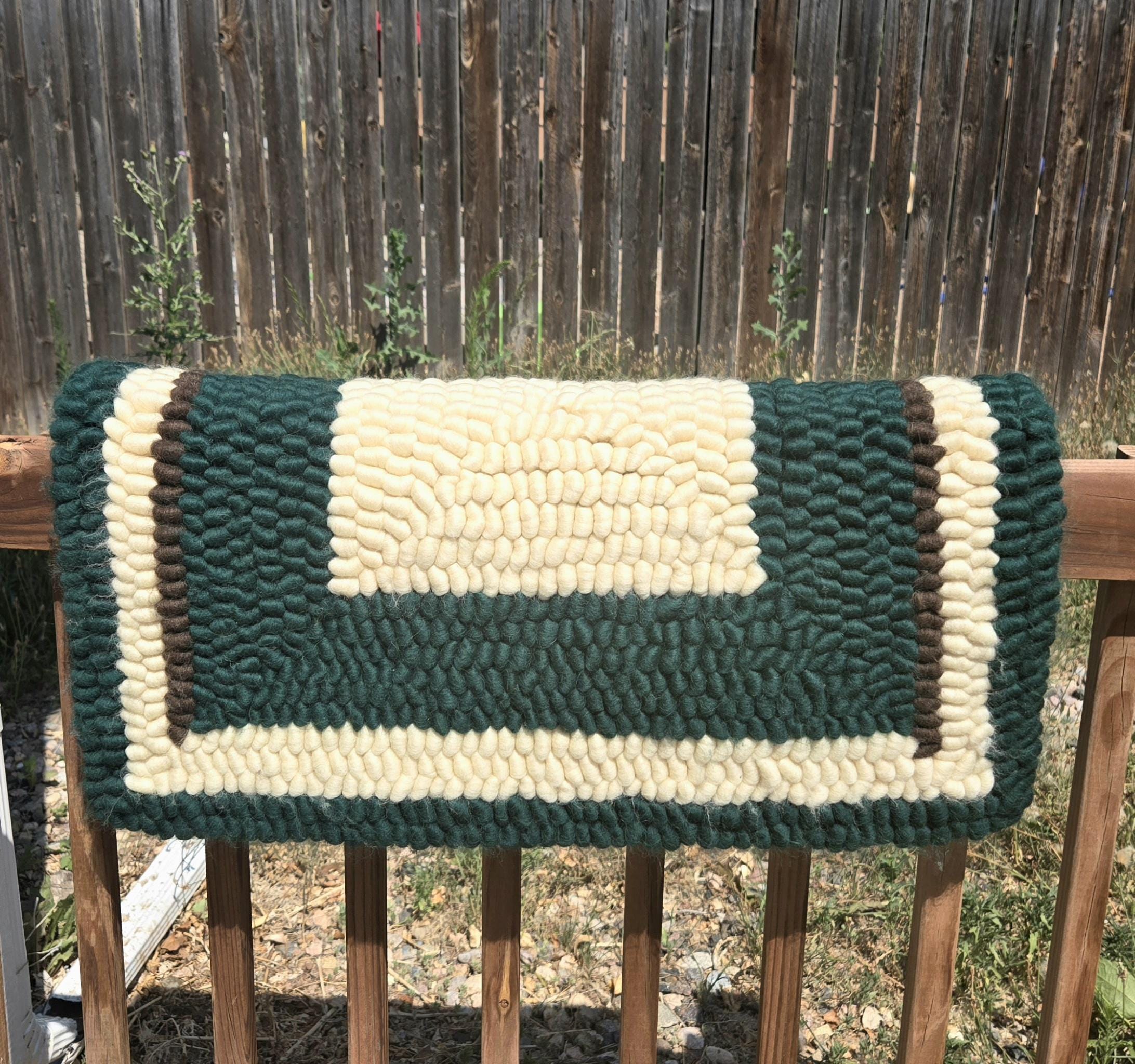Forest Green, White, and Brown Pulled Wool Saddle, 30" x 30", Cheviot Wool