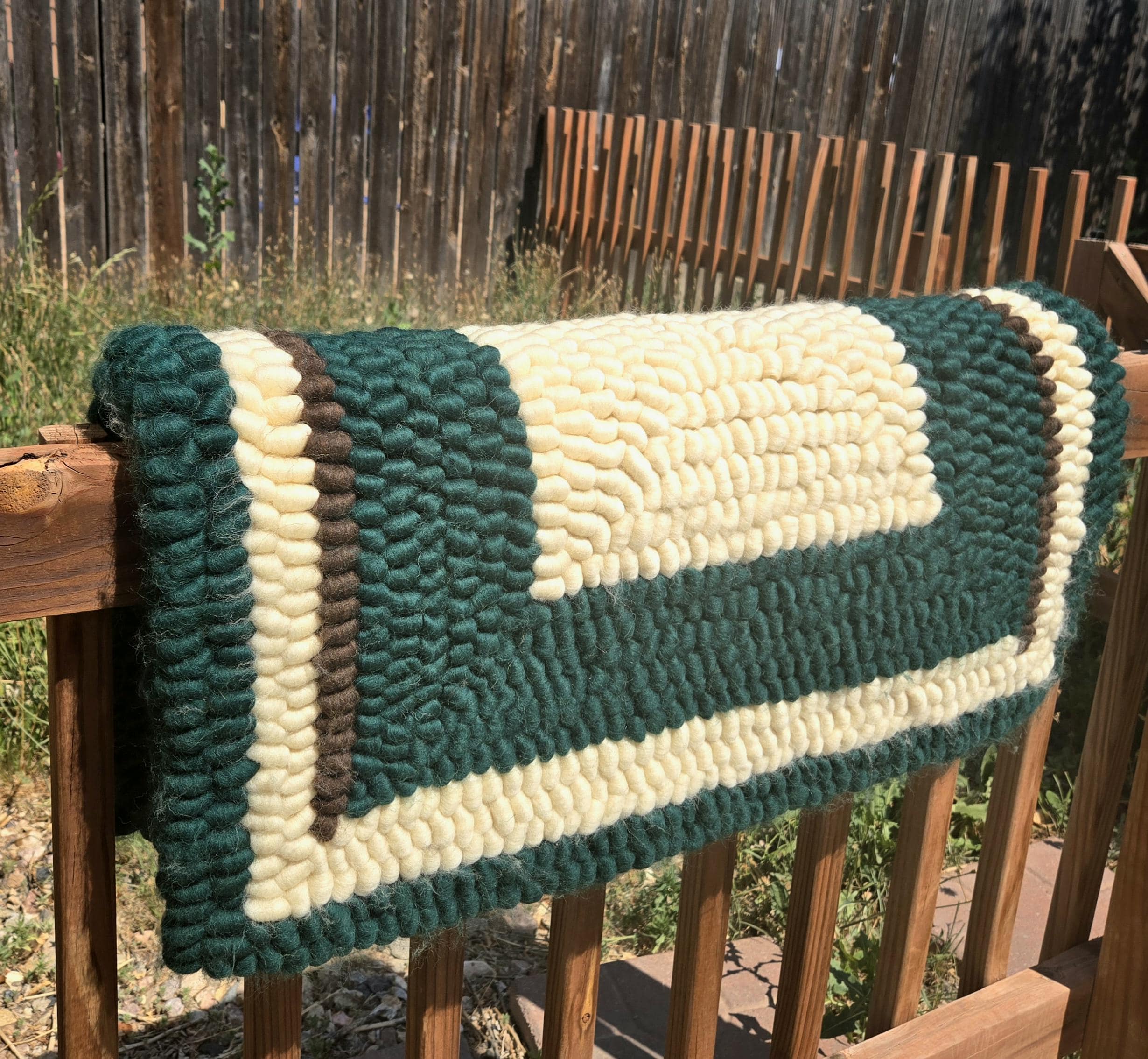 Forest Green, White, and Brown Pulled Wool Saddle, 30" x 30", Cheviot Wool