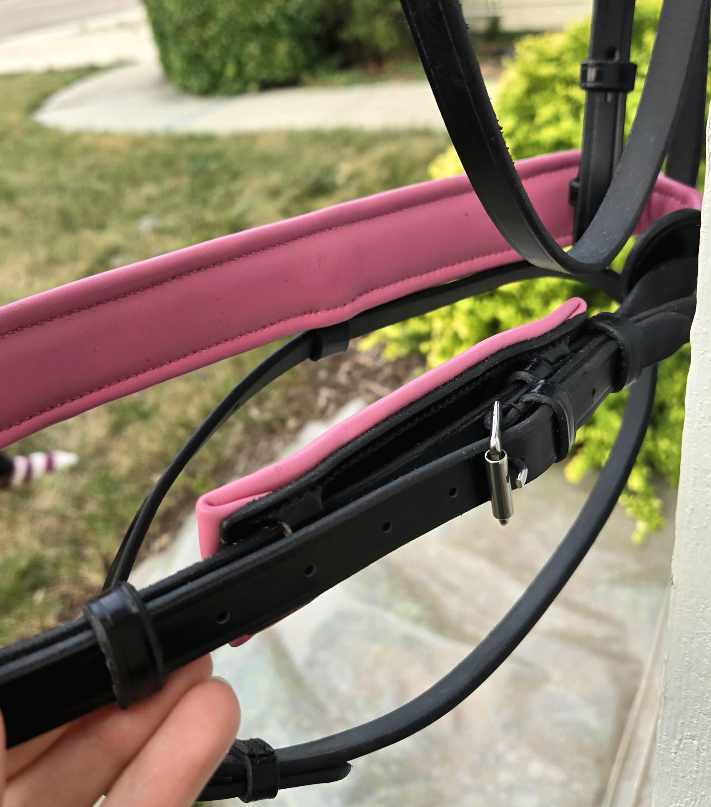 Bling Browband Dressage Bridle with Pink Leather Padding, Full Horse Size, with matching rubber reins