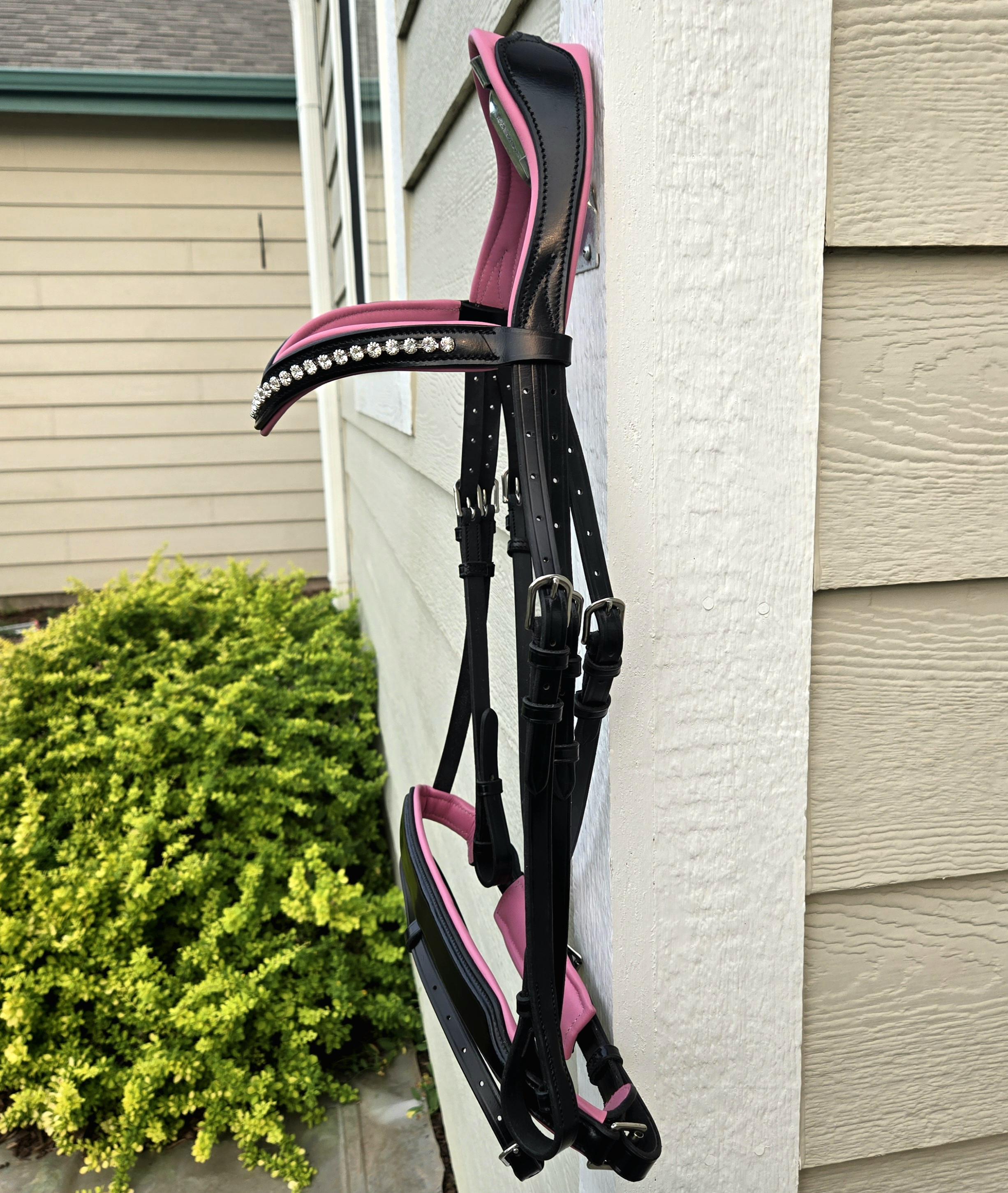 Bling Browband Dressage Bridle with Pink Leather Padding, Full Horse Size, with matching rubber reins
