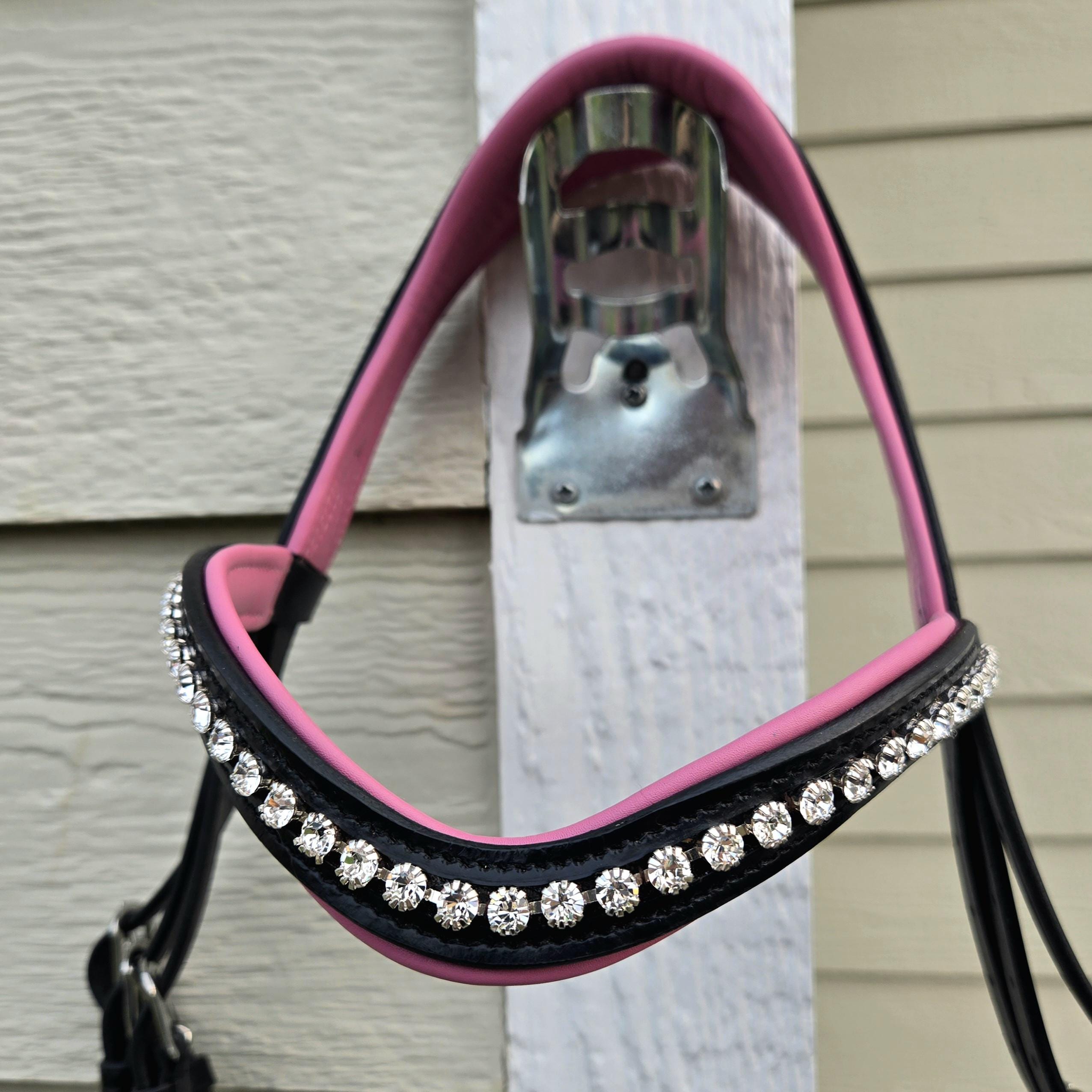Bling Browband Dressage Bridle with Pink Leather Padding, Full Horse Size, with matching rubber reins