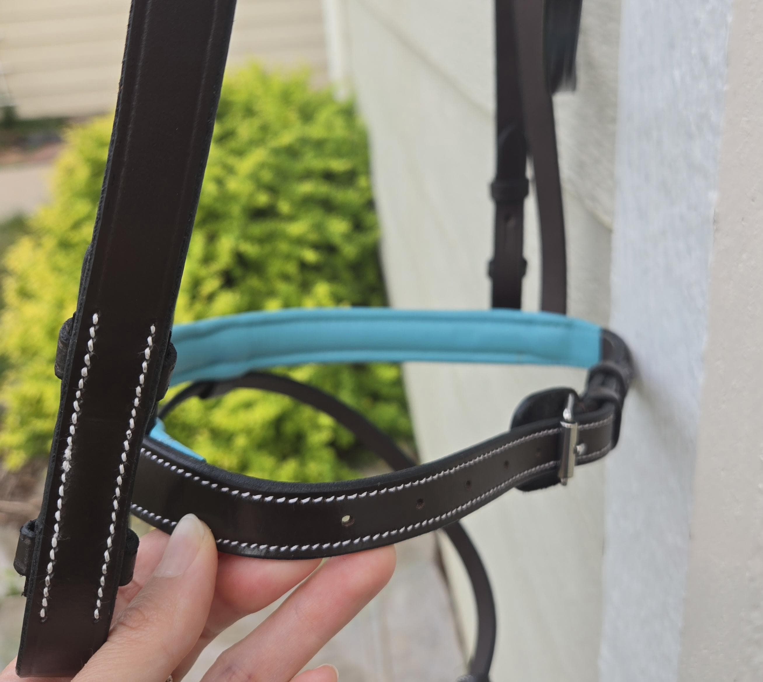 Fancy Stitch English Bridle with Turquoise Leather Padding, Full Horse Size, with matching rubber reins