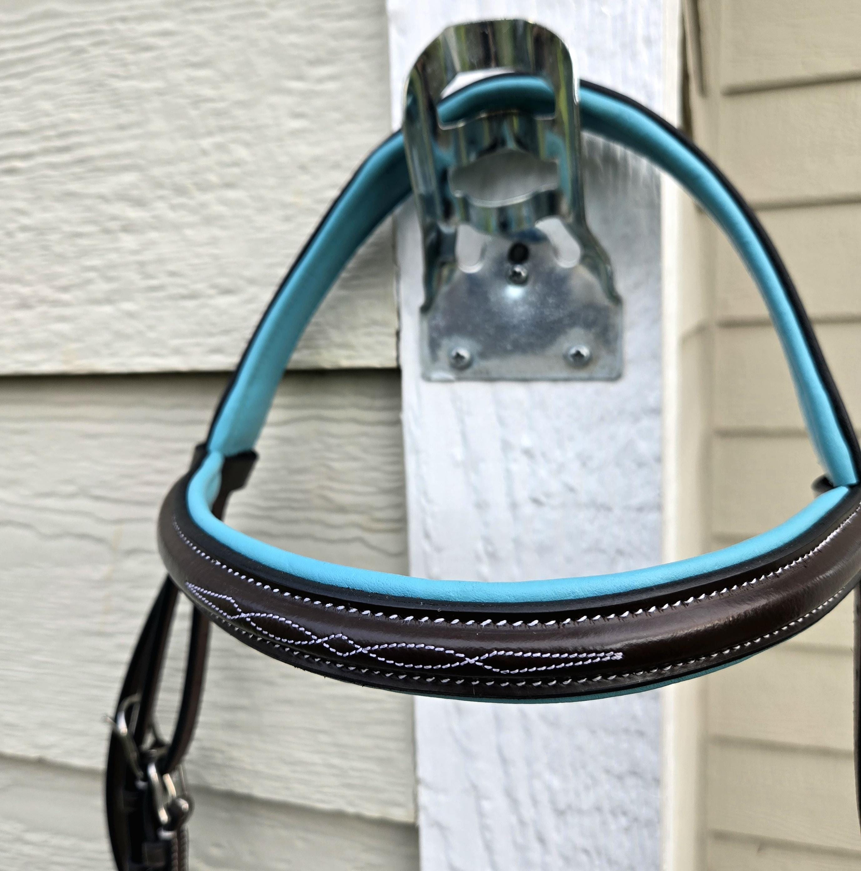Fancy Stitch English Bridle with Turquoise Leather Padding, Full Horse Size, with matching rubber reins