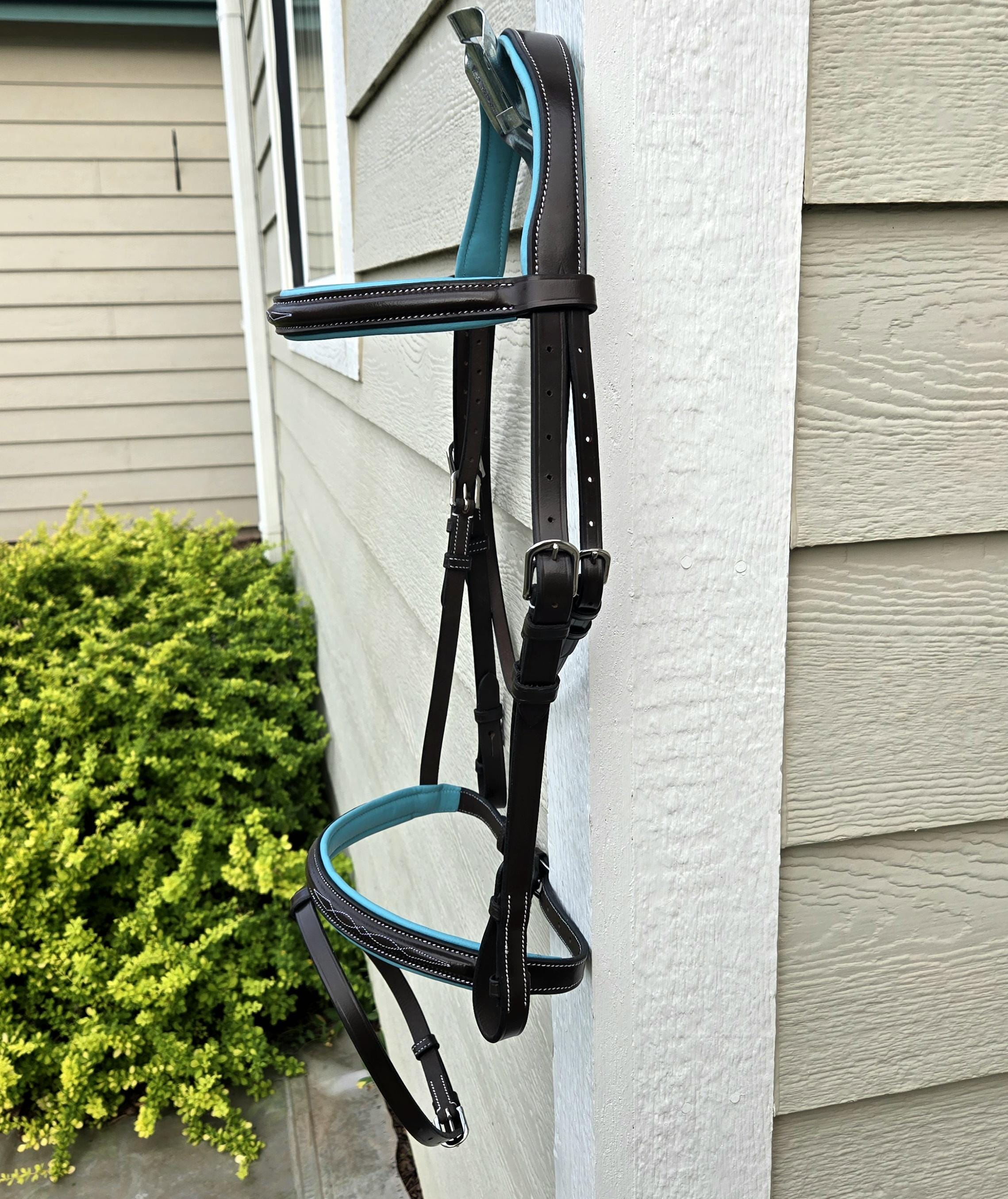 Fancy Stitch English Bridle with Turquoise Leather Padding, Full Horse Size, with matching rubber reins