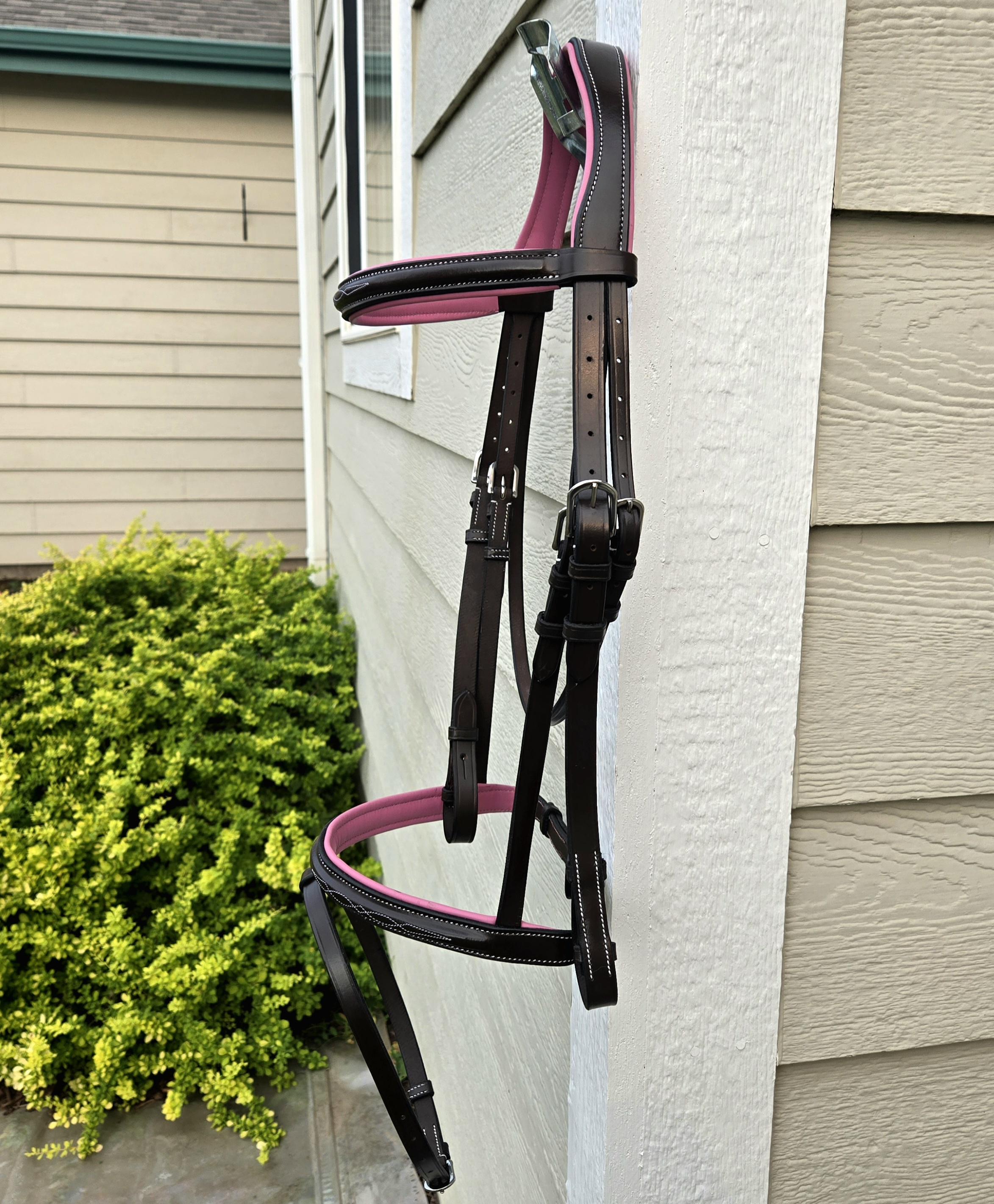 Fancy Stitch English Bridle with Pink Leather Padding, Full Horse Size, with matching rubber reins