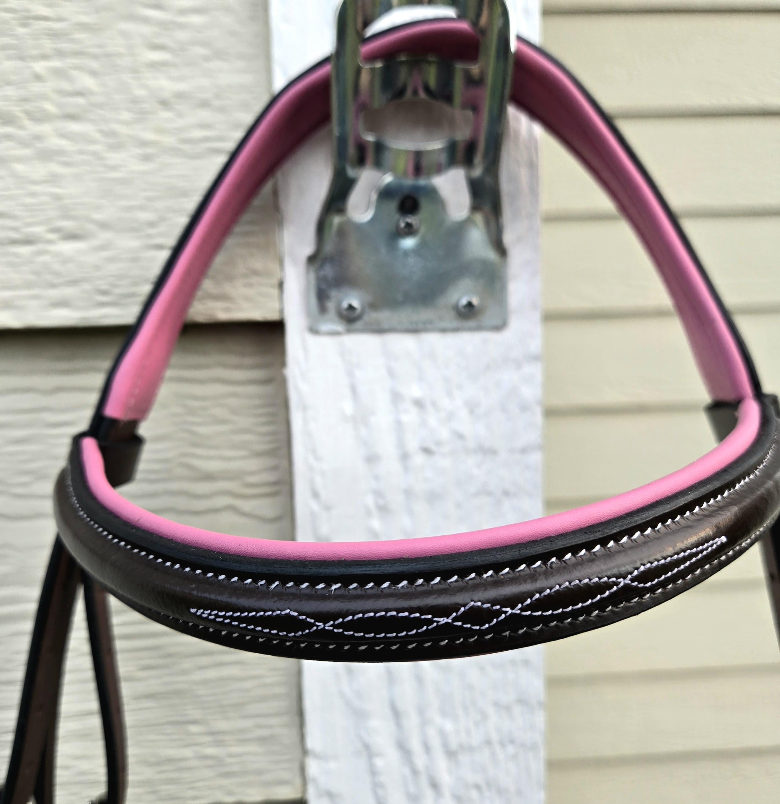 Fancy Stitch English Bridle with Pink Leather Padding, Full Horse Size, with matching rubber reins