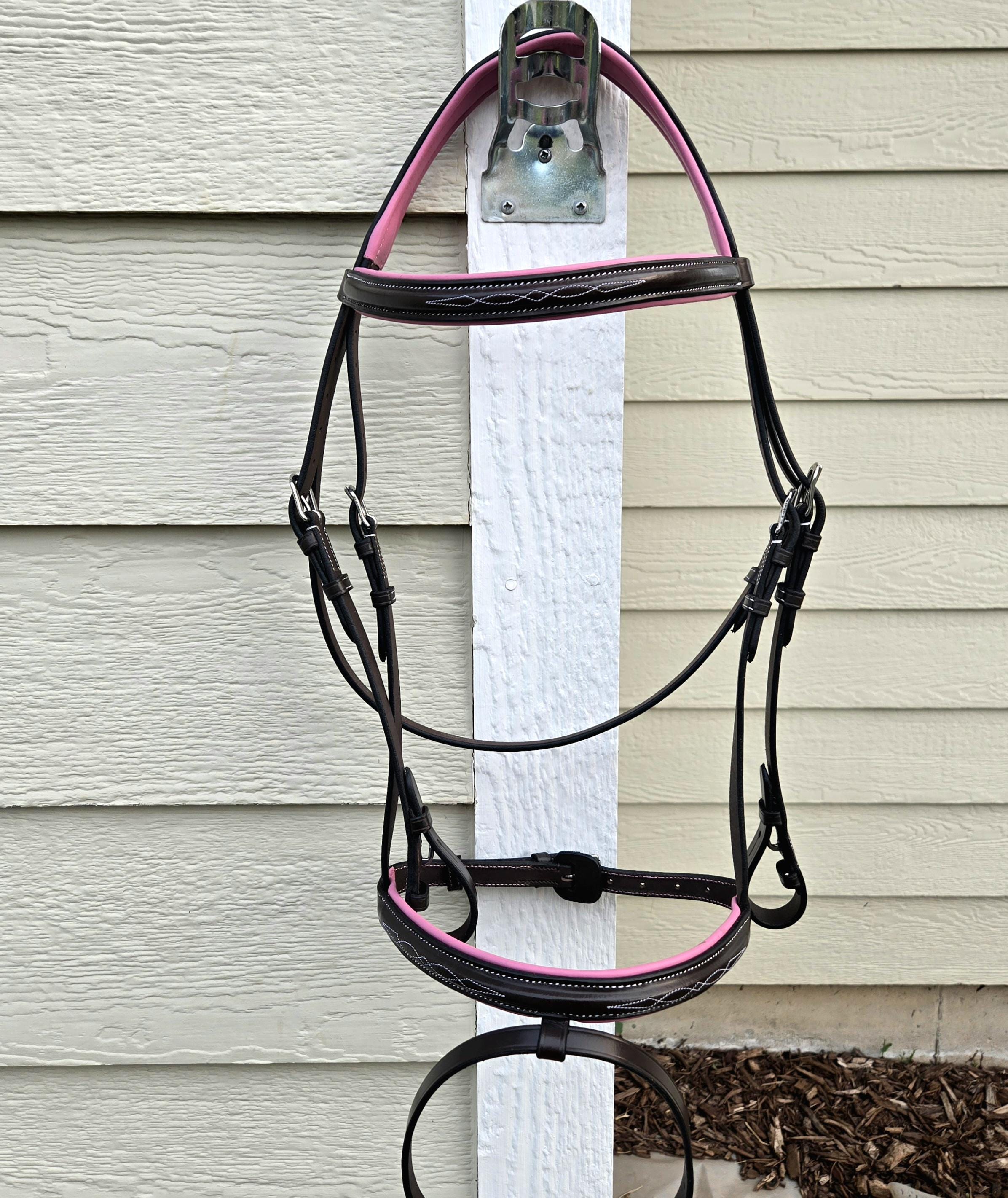 Fancy Stitch English Bridle with Pink Leather Padding, Full Horse Size, with matching rubber reins