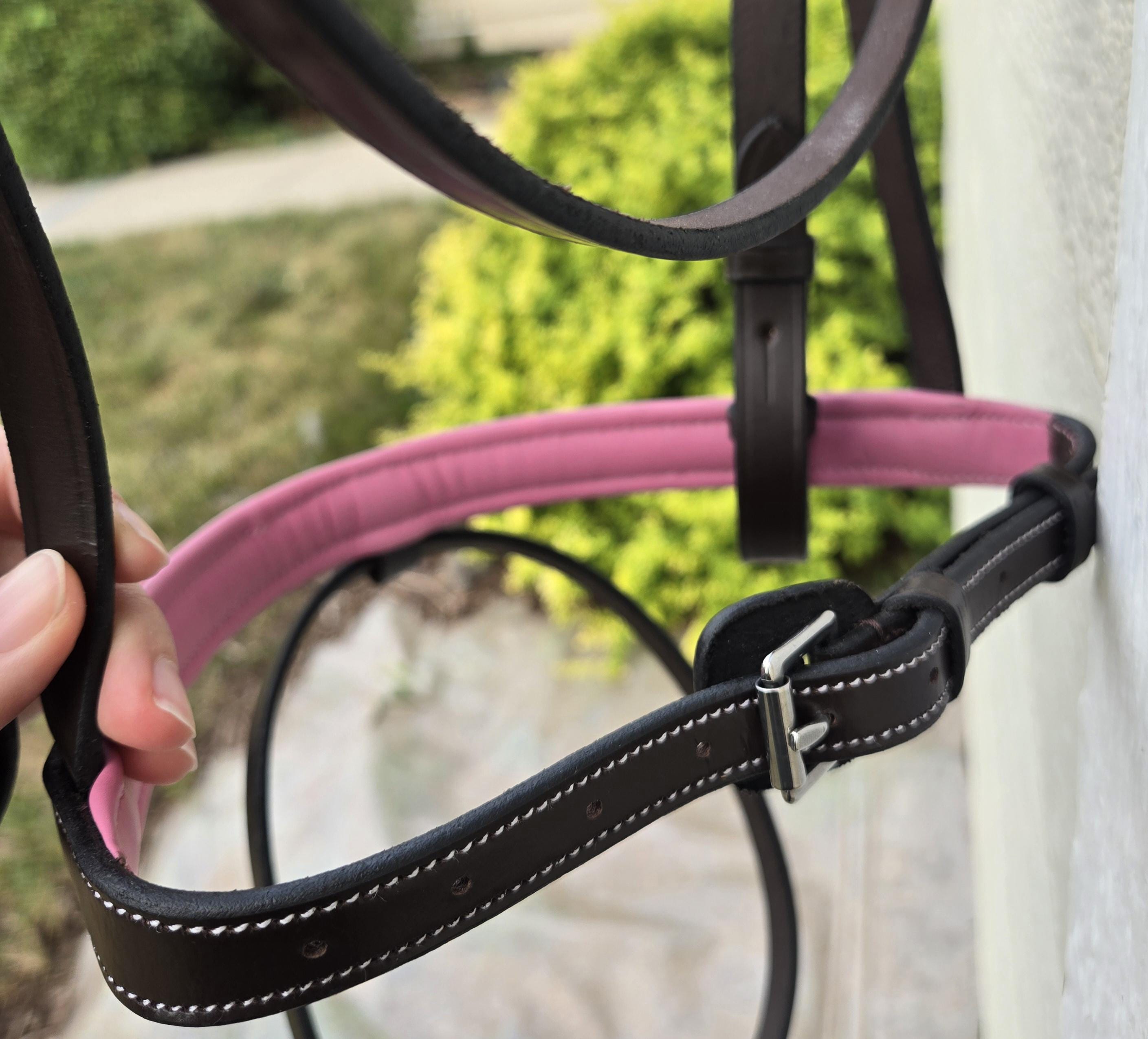 Fancy Stitch English Bridle with Pink Leather Padding, Full Horse Size, with matching rubber reins