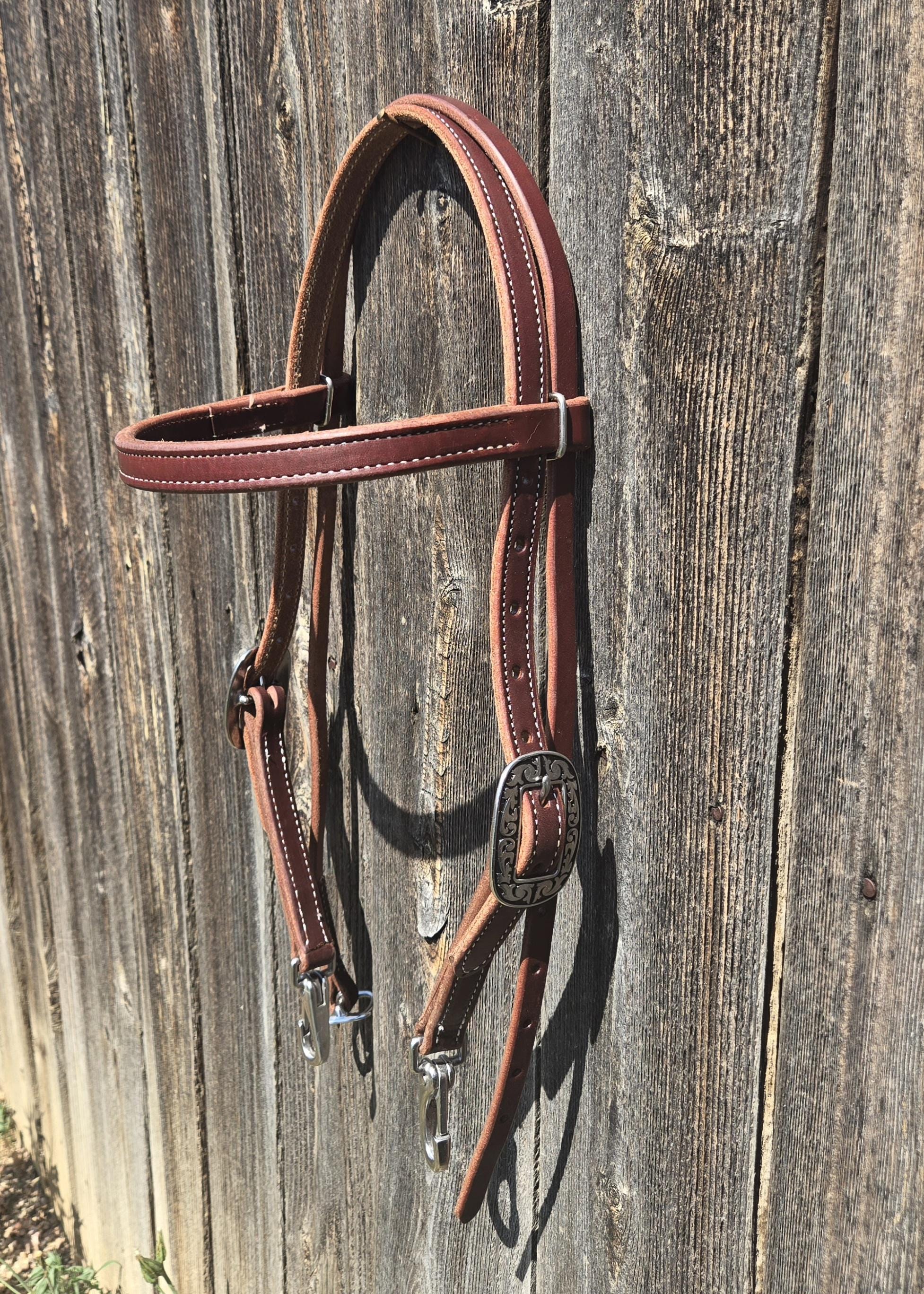 Browband headstall with quick change snap ends, butter soft leather, stainless steel hardware, standard horse size