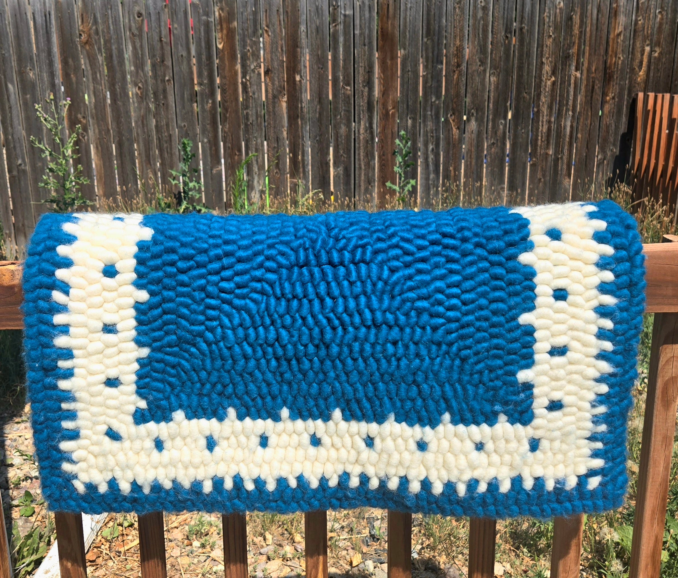 Blue and White Pulled Wool Saddle Pad, 30x30, Corriedale Wool