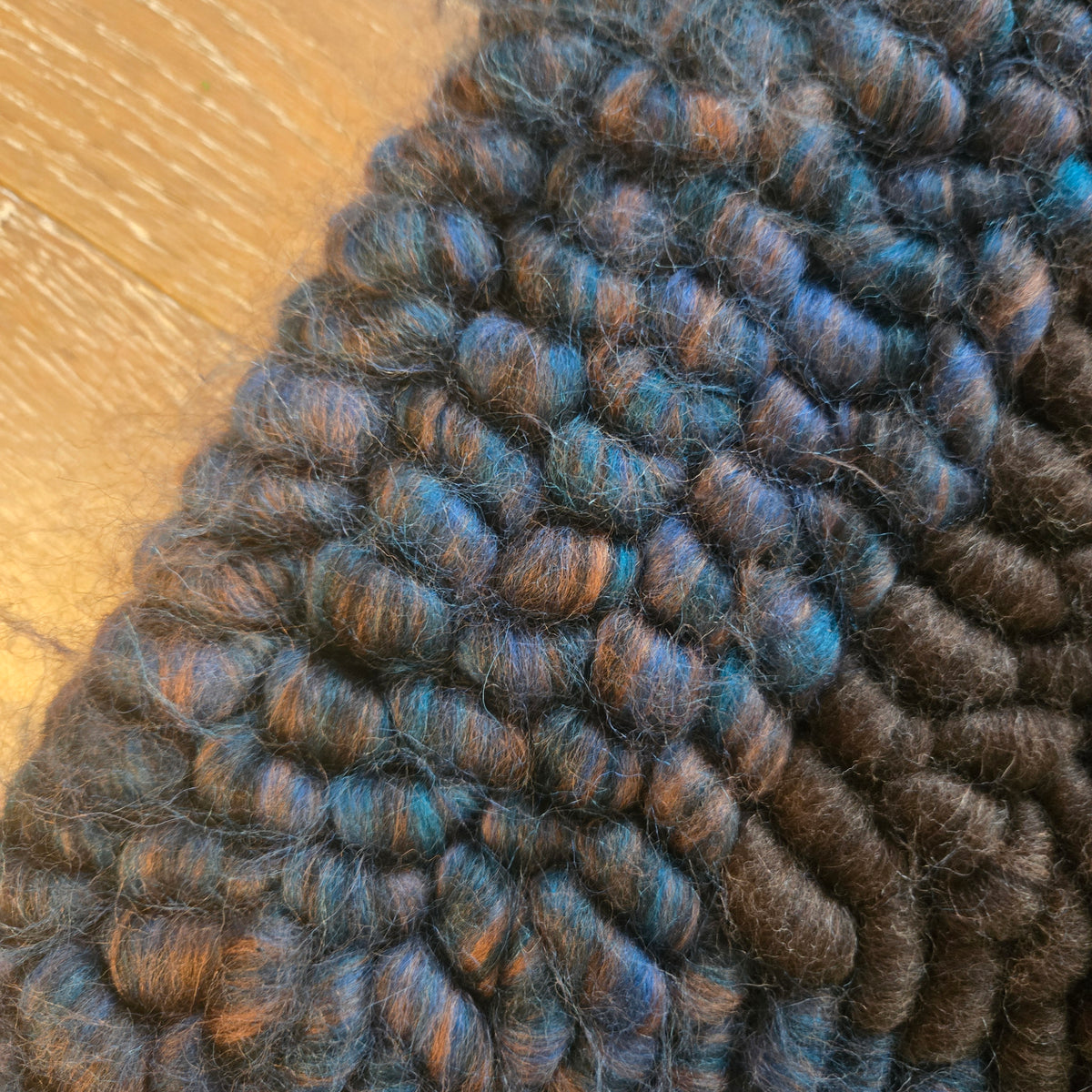 Pulled Wool Saddle Pad, 32" x 30", Peacock Blue Faced Leicester Wool and Brown Corriedale Wool