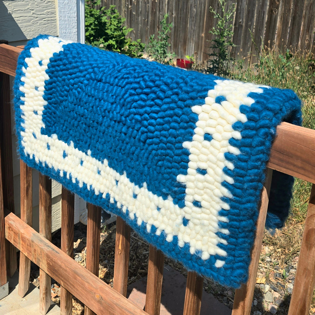 Blue and White Pulled Wool Saddle Pad, 30x30, Corriedale Wool