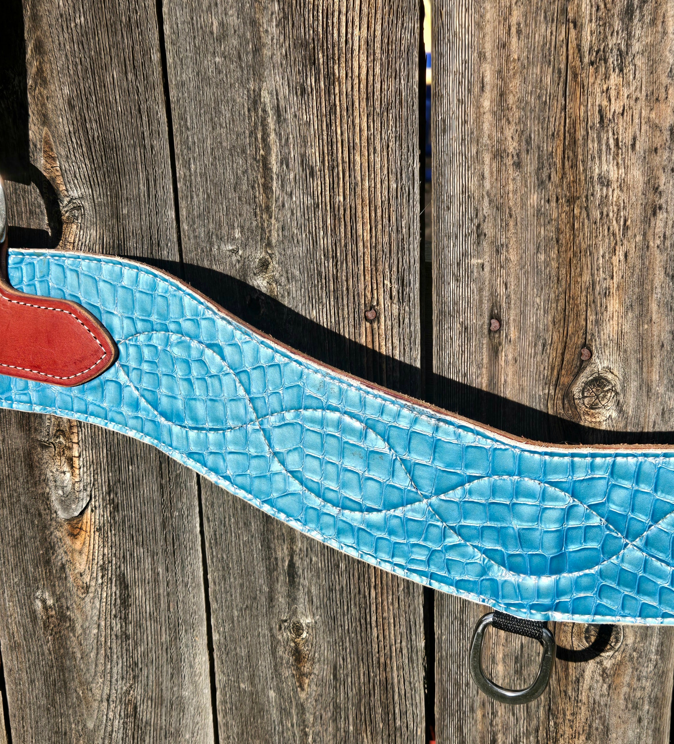 Arizona tripping style breast collar, light blue mock croc overlay
