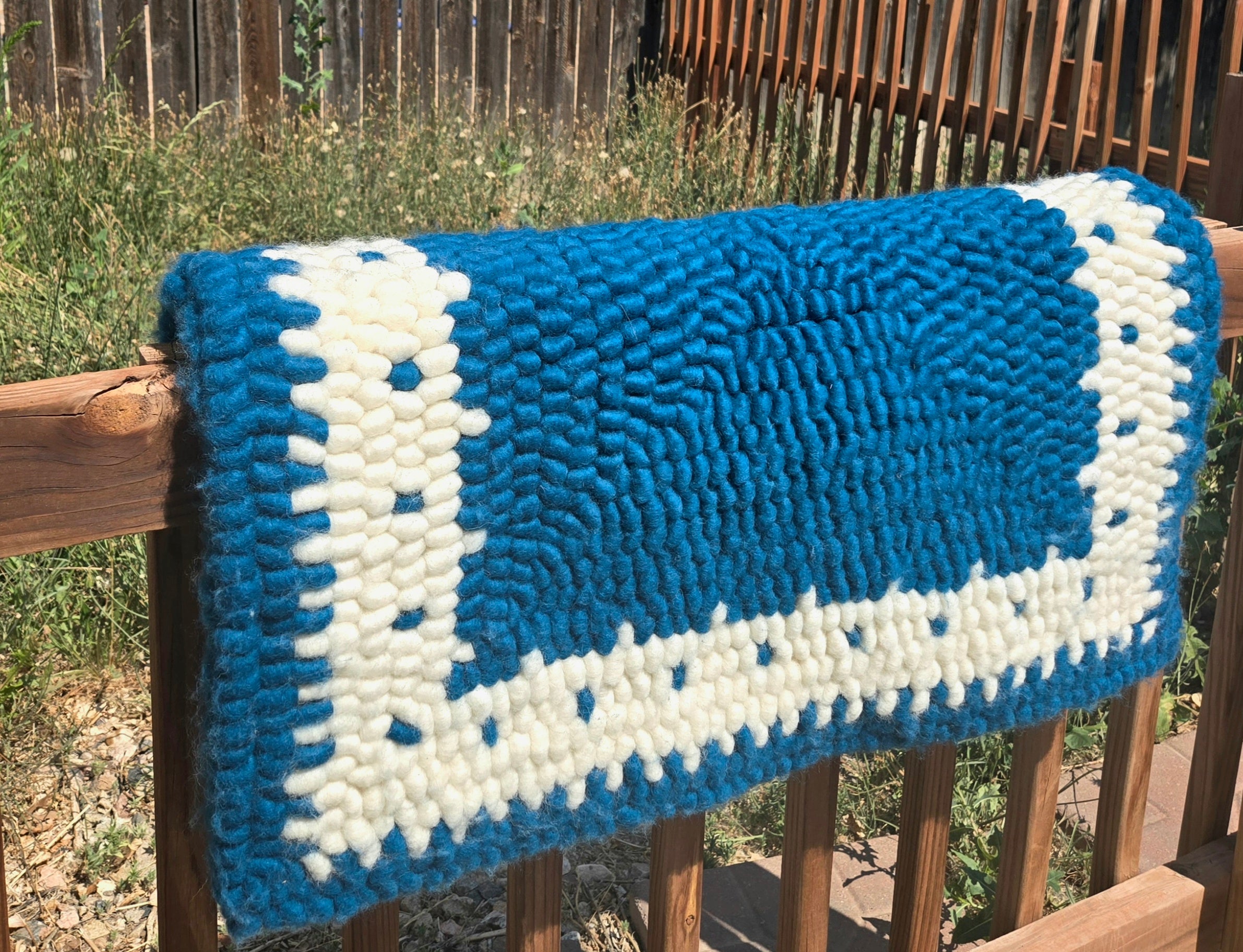 Blue and White Pulled Wool Saddle Pad, 30x30, Corriedale Wool