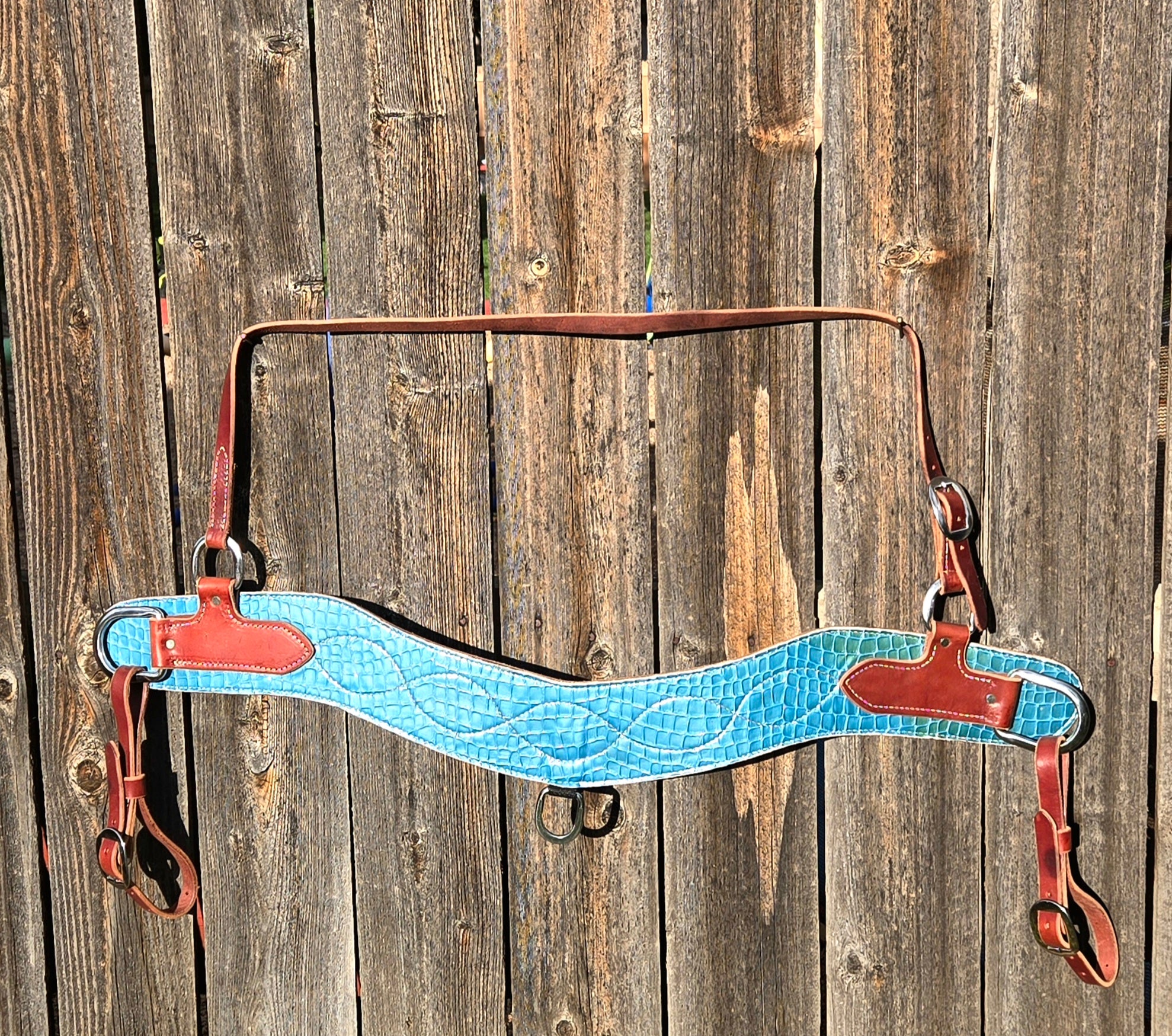 Arizona tripping style breast collar, light blue mock croc overlay